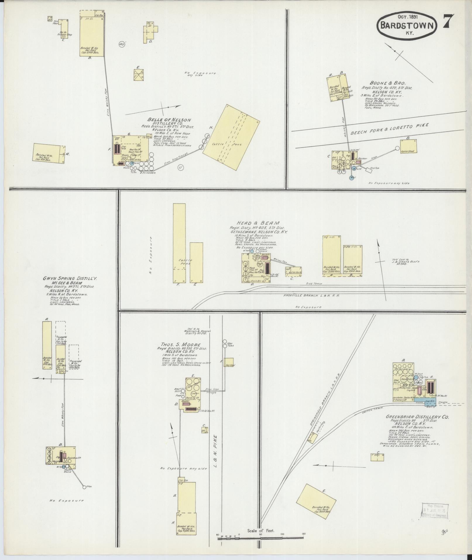 Sanborn Fire Insurance Map from Bardstown, Nelson County, Kentucky (1891), Sheet #0007 - Historic Sanborn Fire Insurance Map Print, vintage old map wall art, antique decor, genealogy gift, Kentucky Kentucky map