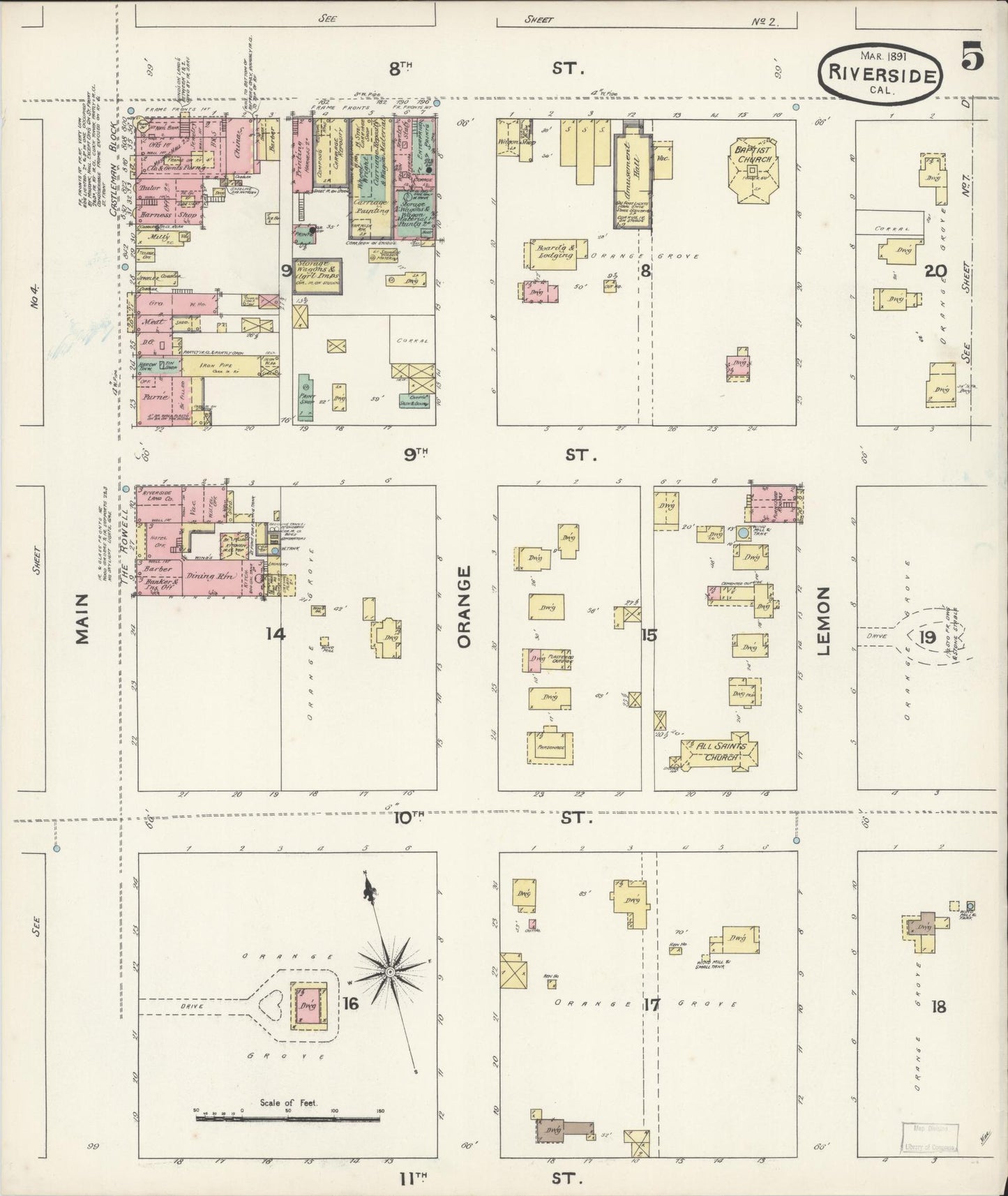 Sanborn Fire Insurance Map from Riverside, Riverside County, California (1891), Sheet #0005 - Complete Map Set gallery image, historic Sanborn map, vintage wall art, California California