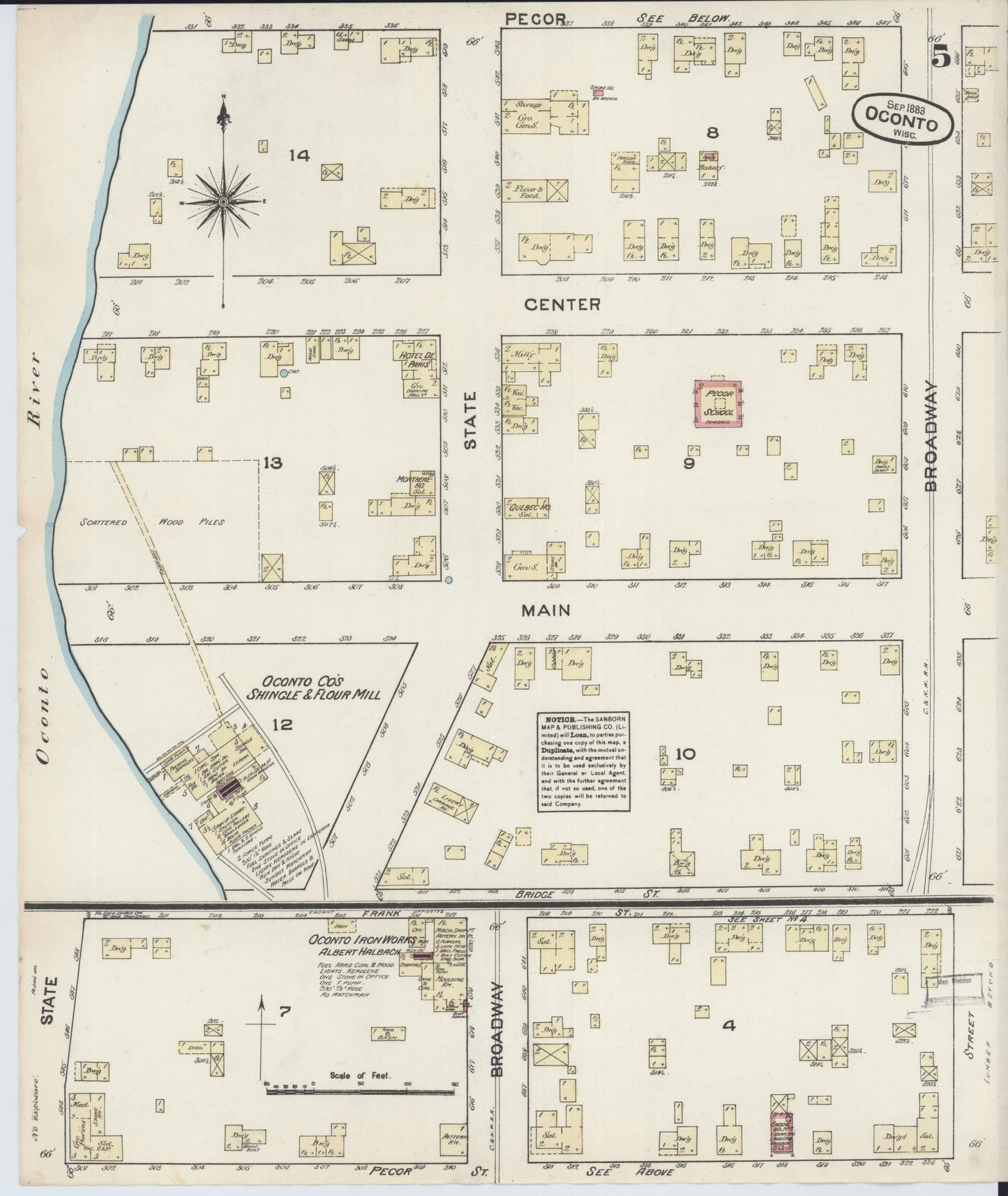 Sanborn Fire Insurance Map from Oconto, Oconto County, Wisconsin (1883), Sheet #0005 - Historic Sanborn Fire Insurance Map Print, vintage old map wall art, antique decor, genealogy gift, Wisconsin Wisconsin map