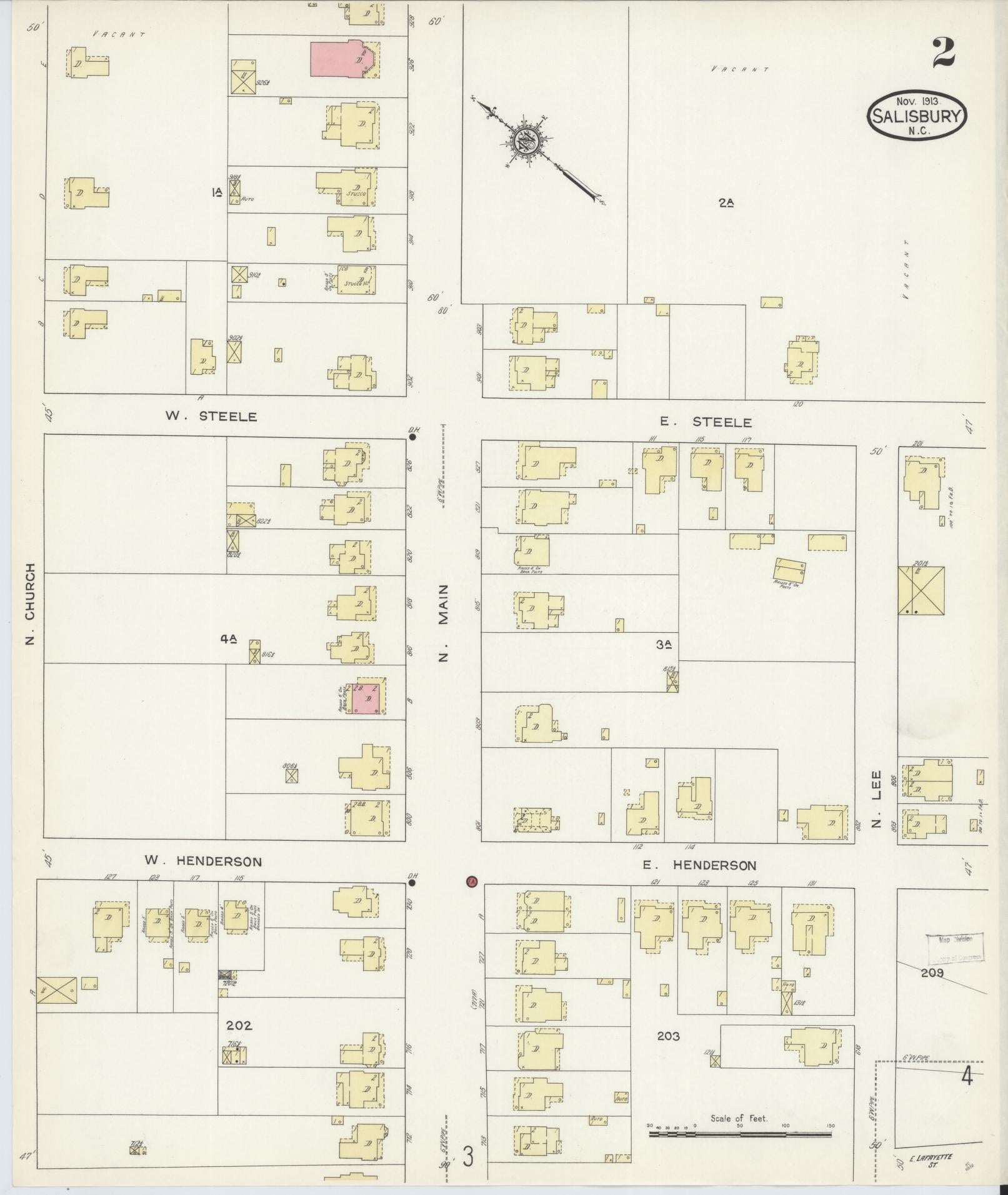 Sanborn Fire Insurance Map from Salisbury, Rowan County, North Carolina (1913), Sheet #0002 - Complete Map Set gallery image, historic Sanborn map, vintage wall art, North Carolina North Carolina
