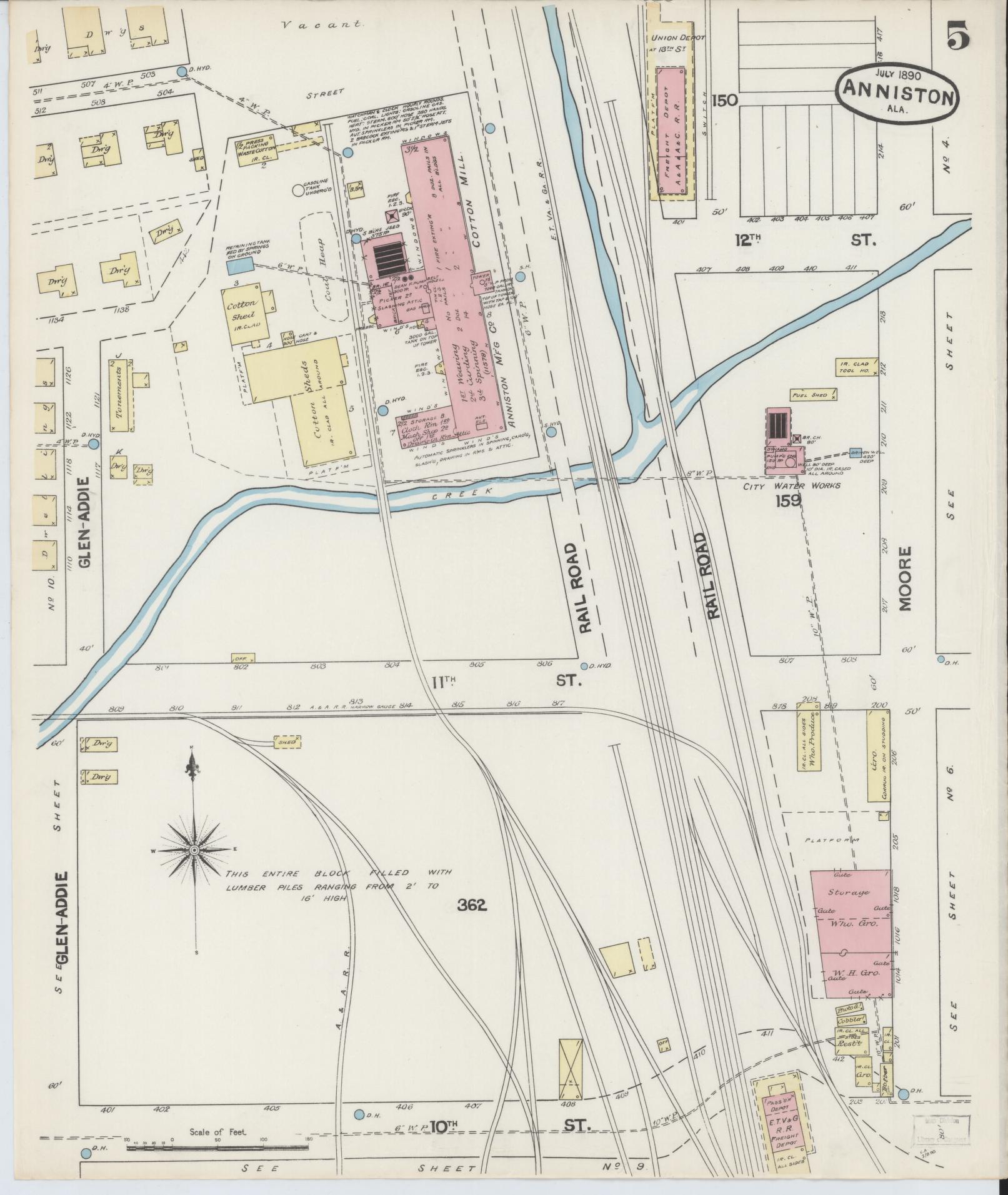 Sanborn Fire Insurance Map from Anniston, Calhoun County, Alabama (1890), Sheet #0005 - Historic Sanborn Fire Insurance Map Print, vintage old map wall art, antique decor, genealogy gift, Alabama Alabama map