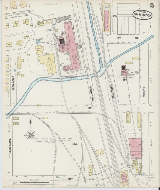 Sanborn Fire Insurance Map from Anniston, Calhoun County, Alabama (1890), Sheet #0005 - Historic Sanborn Fire Insurance Map Print, vintage old map wall art, antique decor, genealogy gift, Alabama Alabama map
