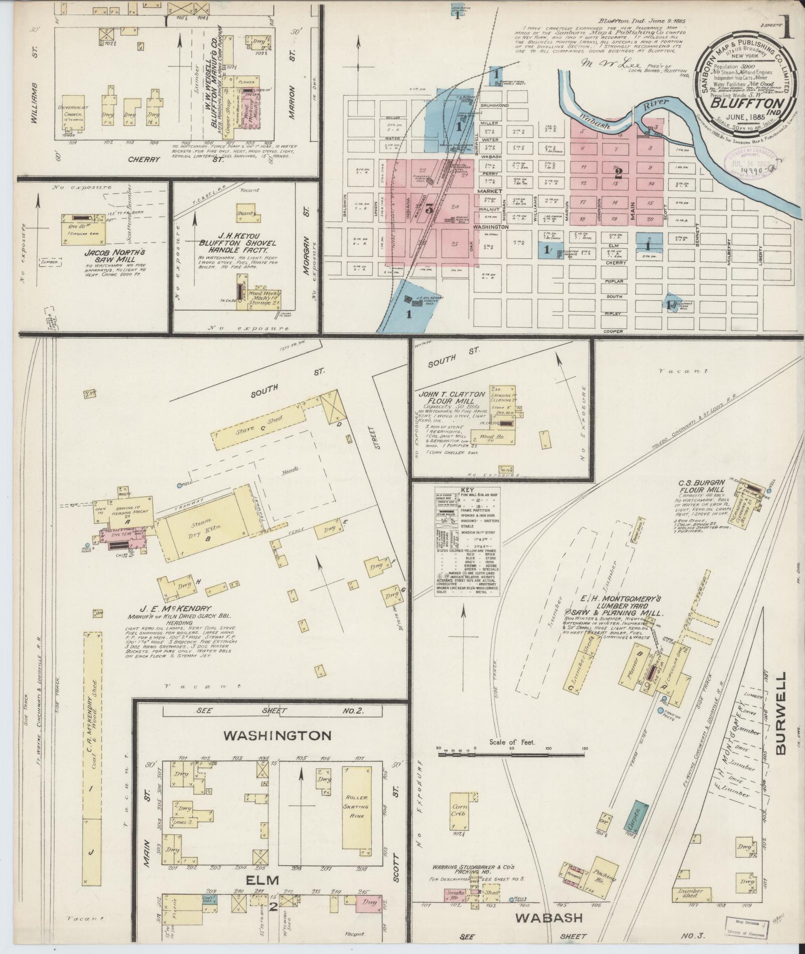 Sanborn Fire Insurance Map from Bluffton, Wells County, Indiana (1885), Sheet #0001 - Complete Map Set gallery image, historic Sanborn map, vintage wall art, Indiana Indiana