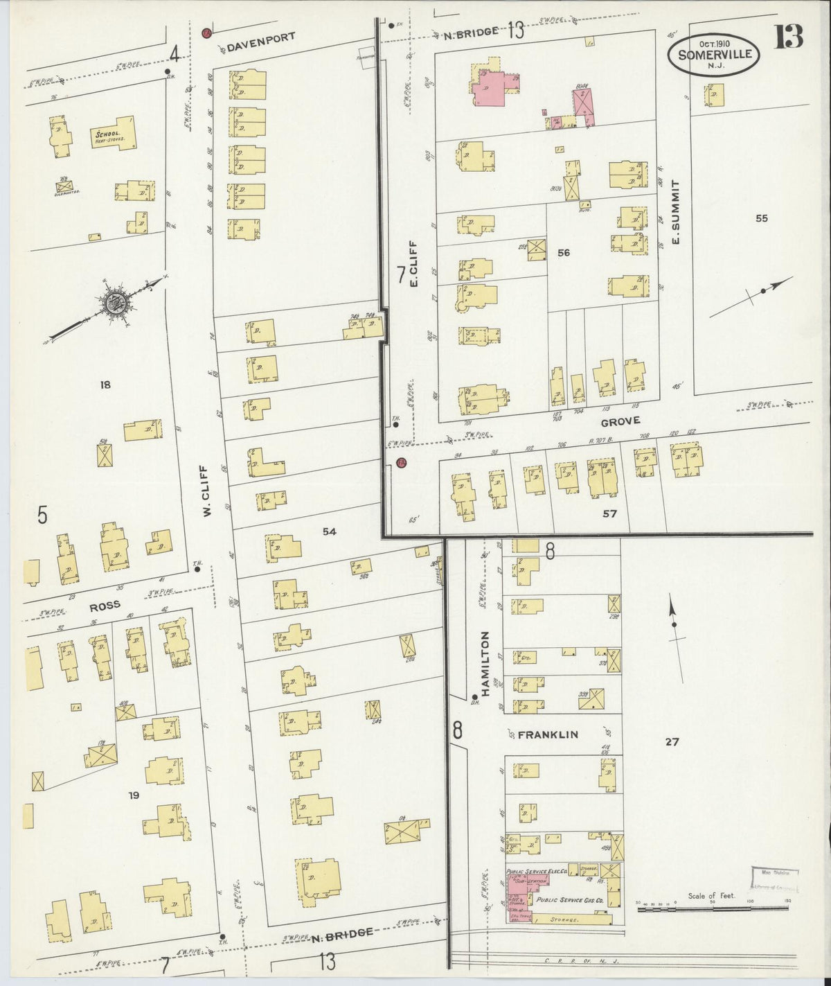 Sanborn Fire Insurance Map from Somerville, Somerset County, New Jersey (1910), Sheet #0013 - Historic Sanborn Fire Insurance Map Print, vintage old map wall art, antique decor, genealogy gift, New Jersey New Jersey map