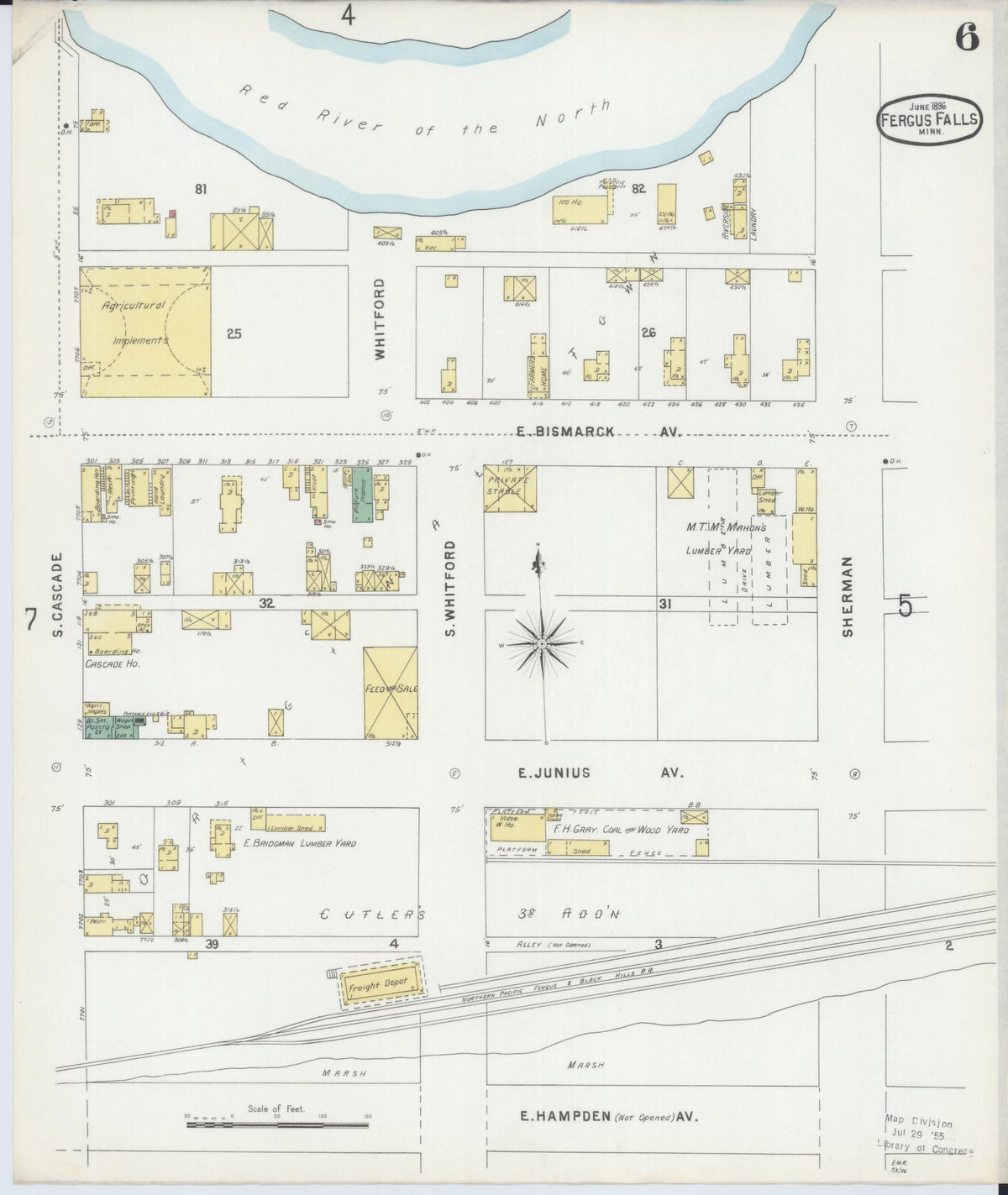 Sanborn Fire Insurance Map from Fergus Falls, Otter Tail County, Minnesota (1896), Sheet #0006 - Historic Sanborn Fire Insurance Map Print, vintage old map wall art, antique decor, genealogy gift, Minnesota Minnesota map