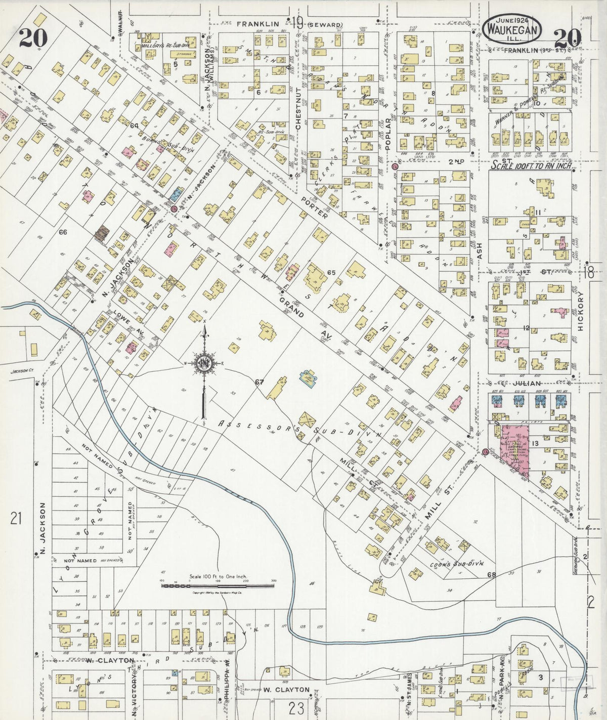 Sanborn Fire Insurance Map from Waukegan, Lake County, Illinois (1924), Sheet #0020 - Complete Map Set gallery image, historic Sanborn map, vintage wall art, Illinois Illinois