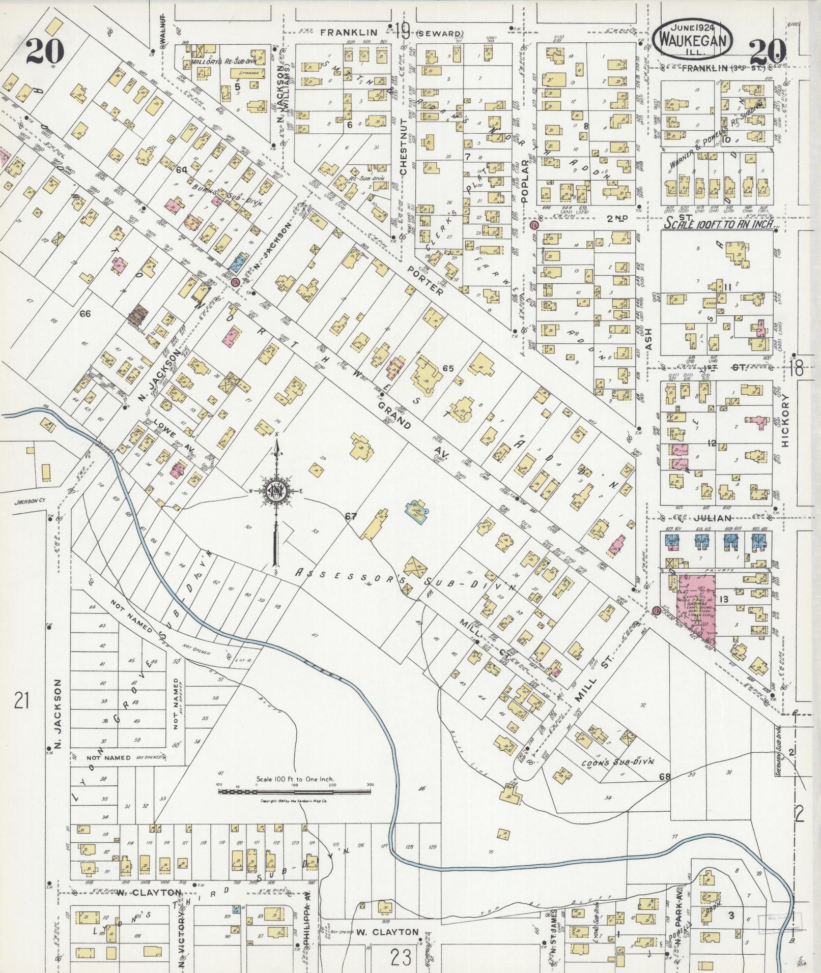 Sanborn Fire Insurance Map from Waukegan, Lake County, Illinois (1924), Sheet #0020 - Complete Map Set gallery image, historic Sanborn map, vintage wall art, Illinois Illinois
