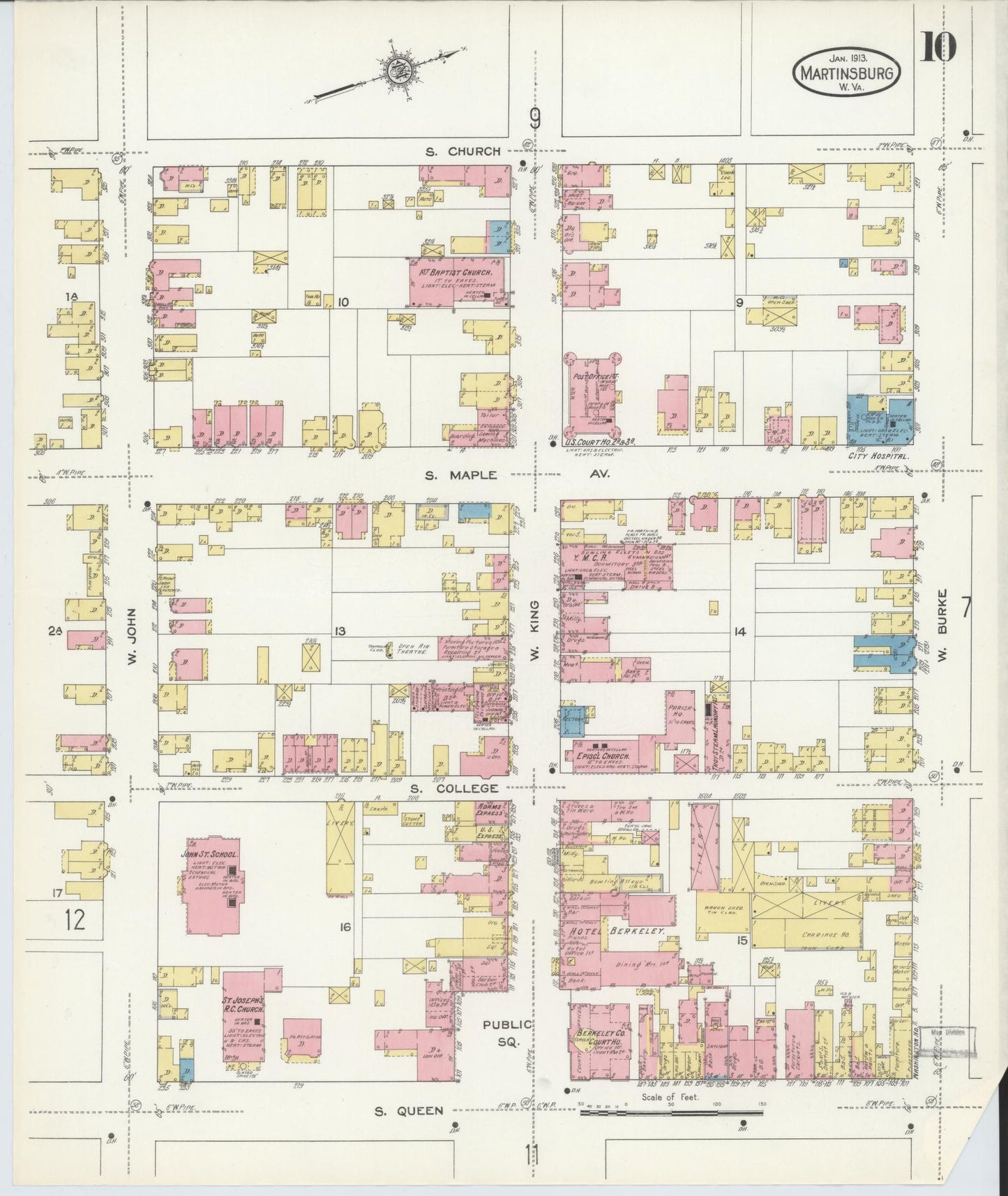 Sanborn Fire Insurance Map from Martinsburg, Berkeley County, West Virginia (1913), Sheet #0010 - Historic Sanborn Fire Insurance Map Print, vintage old map wall art, antique decor, genealogy gift, West Virginia West Virginia map