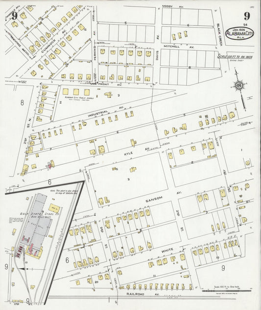 Sanborn Fire Insurance Map from Alabama City, Etowah County, Alabama (1926), Sheet #0009 - Historic Sanborn Fire Insurance Map Print, vintage old map wall art, antique decor, genealogy gift, Alabama Alabama map