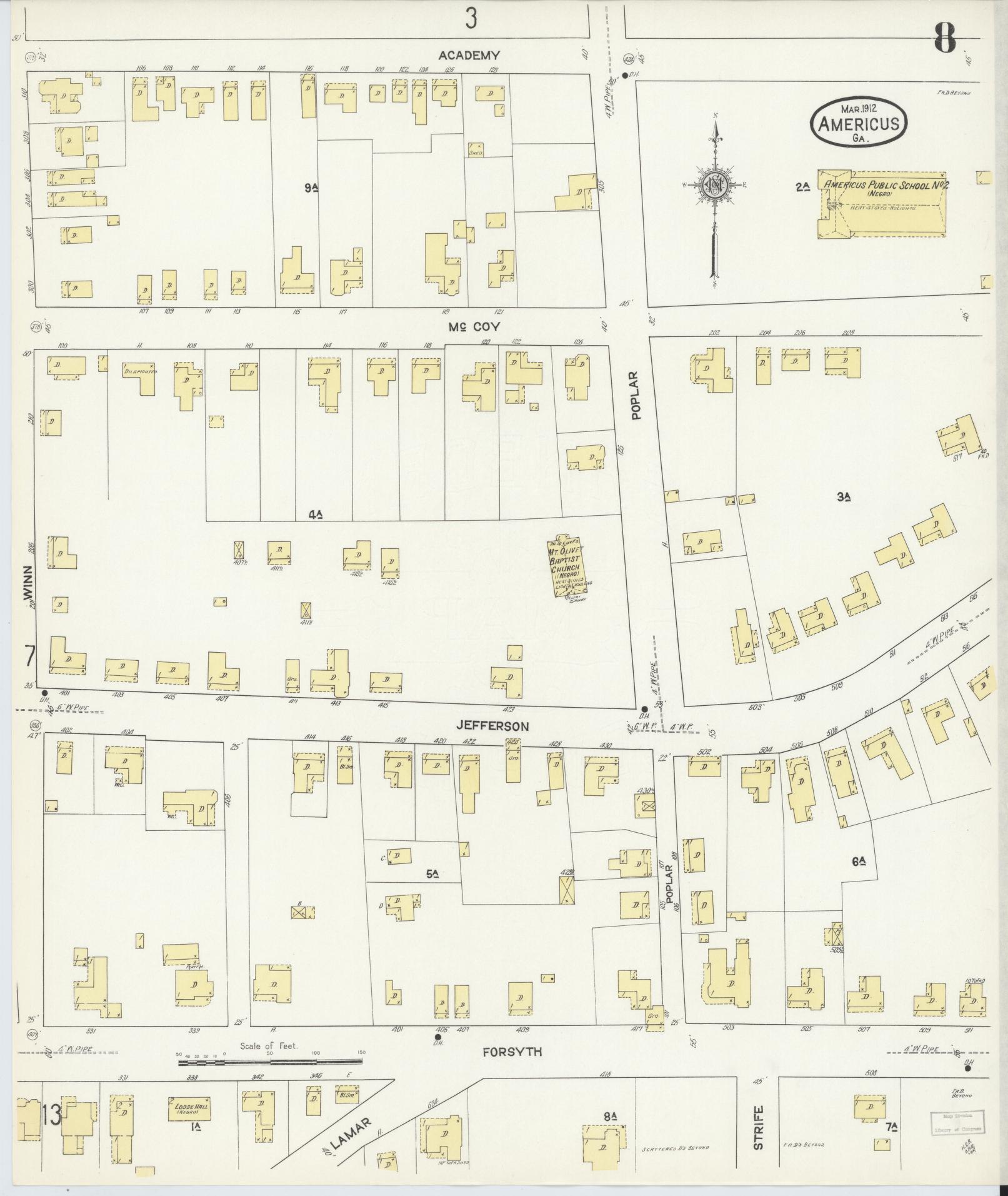 Sanborn Fire Insurance Map from Americus, Sumter County, Georgia (1912), Sheet #0008 - Historic Sanborn Fire Insurance Map Print, vintage old map wall art, antique decor, genealogy gift, Georgia Georgia map