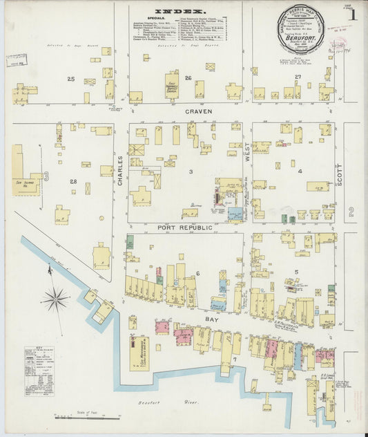 Sanborn Fire Insurance Map from Beaufort, Beaufort County, South Carolina (1894), Sheet #0001 - Historic Sanborn Fire Insurance Map Print, vintage old map wall art, antique decor, genealogy gift, South Carolina South Carolina map