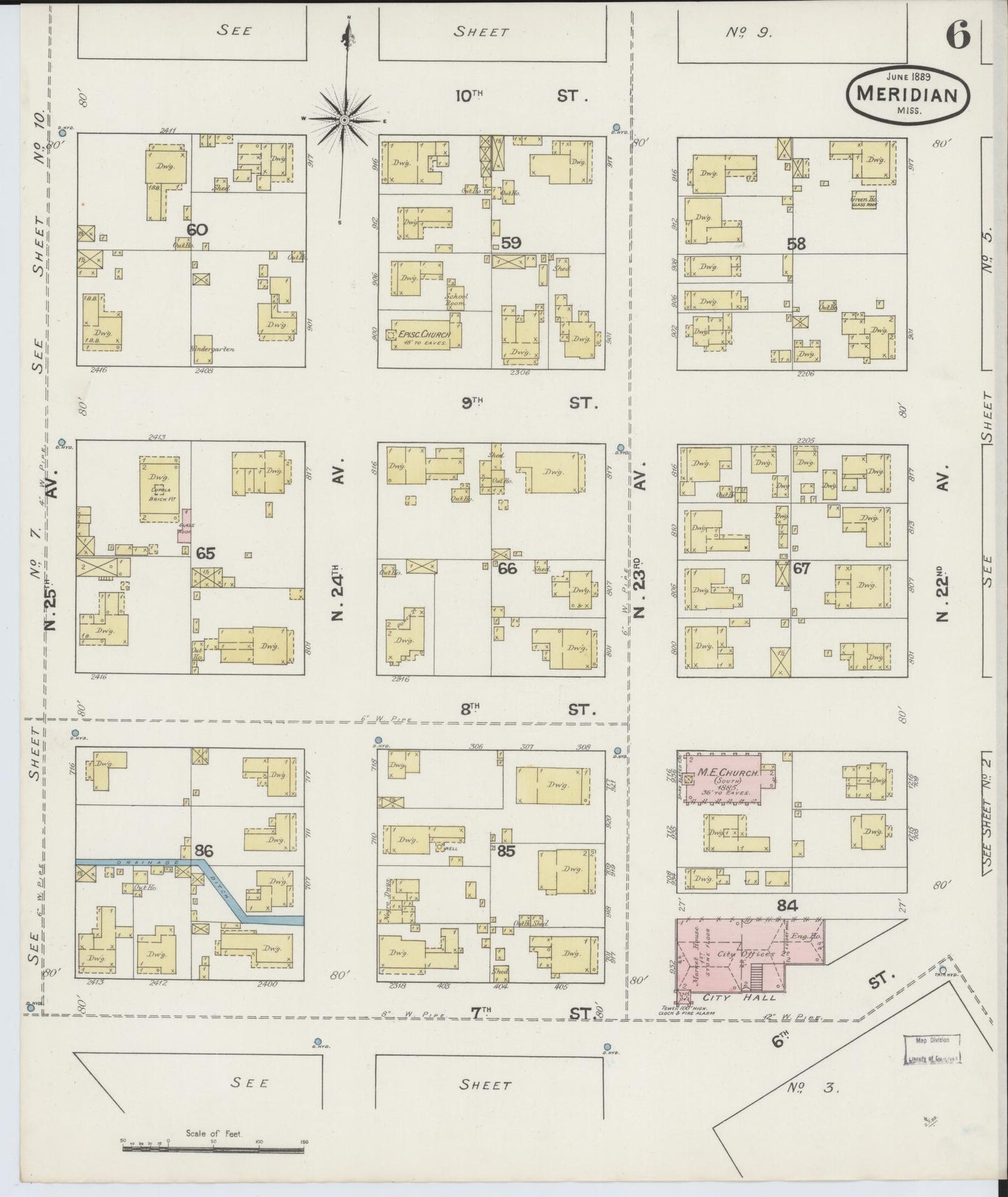 Sanborn Fire Insurance Map from Meridian, Lauderdale County, Mississippi (1889), Sheet #0006 - Complete Map Set gallery image, historic Sanborn map, vintage wall art, Mississippi Mississippi