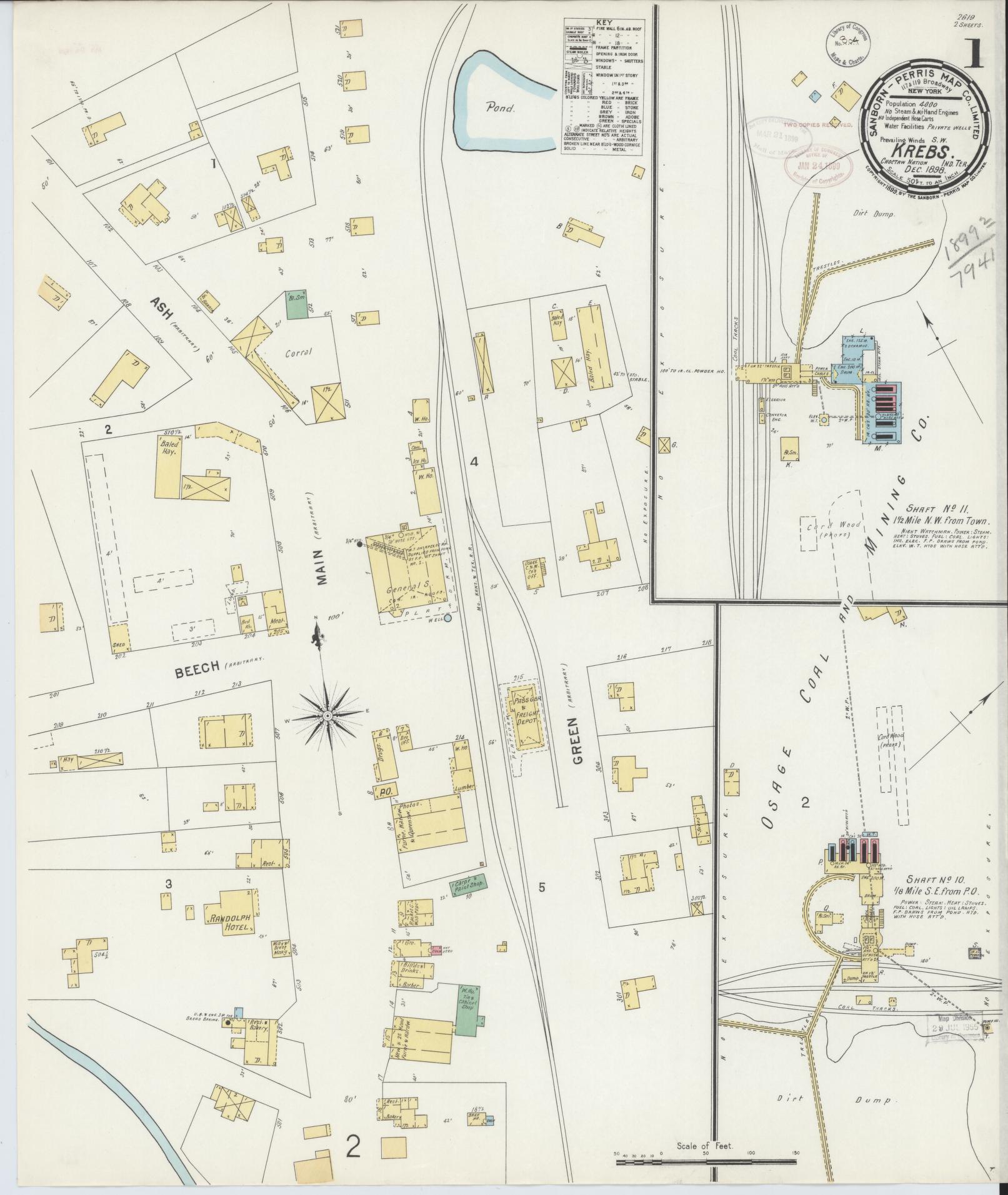Sanborn Fire Insurance Map from Krebs, Pittsburg County, Oklahoma (1898), Sheet #0001 - Historic Sanborn Fire Insurance Map Print, vintage old map wall art, antique decor, genealogy gift, Oklahoma Oklahoma map