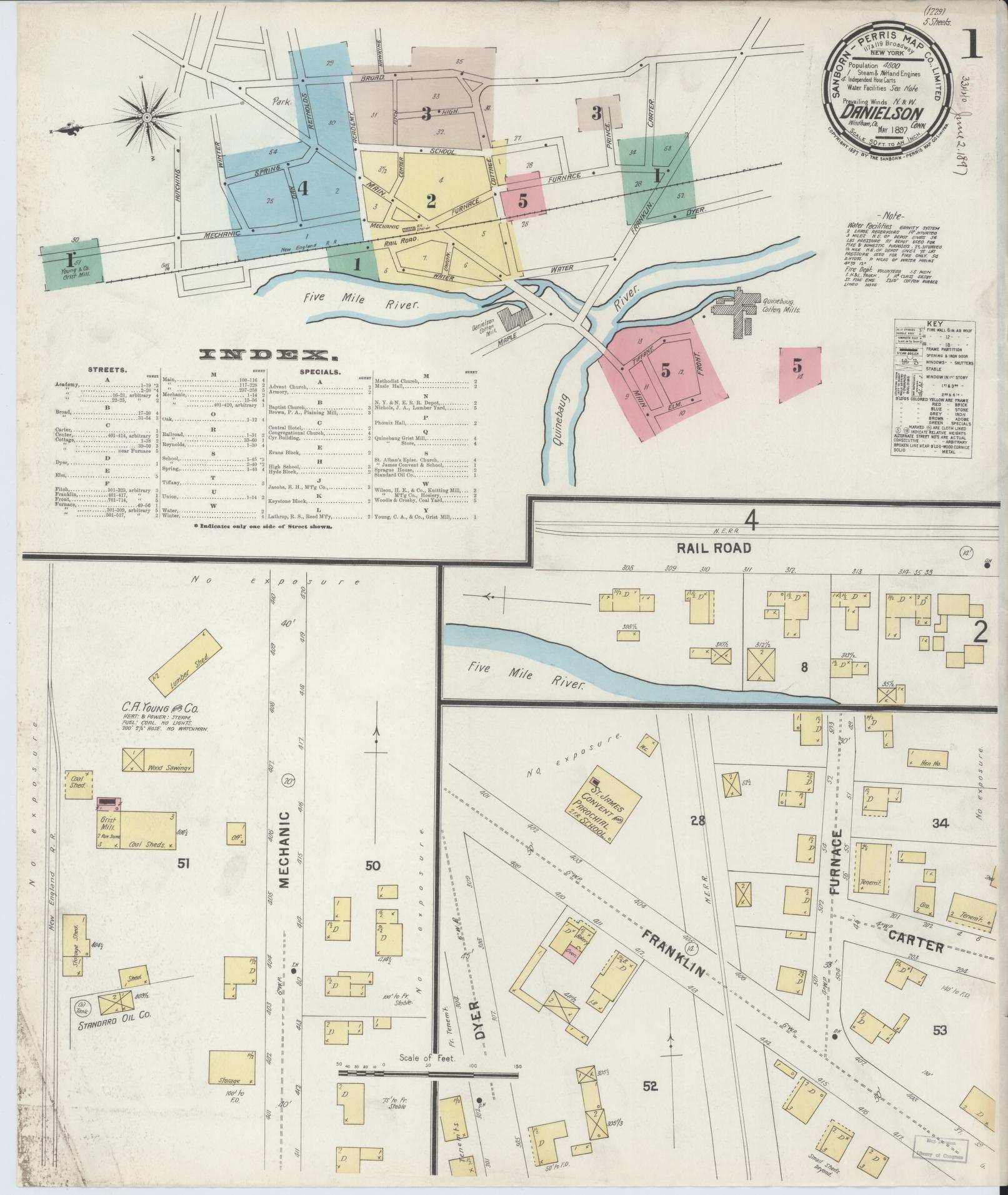 Sanborn Fire Insurance Map from Danielson, Windham County, Connecticut (1897), Sheet #0001 - Complete Map Set gallery image, historic Sanborn map, vintage wall art, Connecticut Connecticut