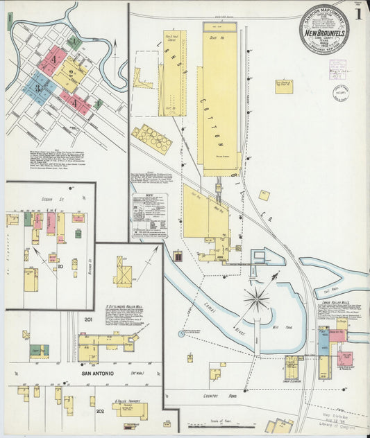 Sanborn Fire Insurance Map from New Braunfels, Comal County, Texas (1902), Sheet #0001 - Complete Map Set gallery image, historic Sanborn map, vintage wall art, Texas Texas