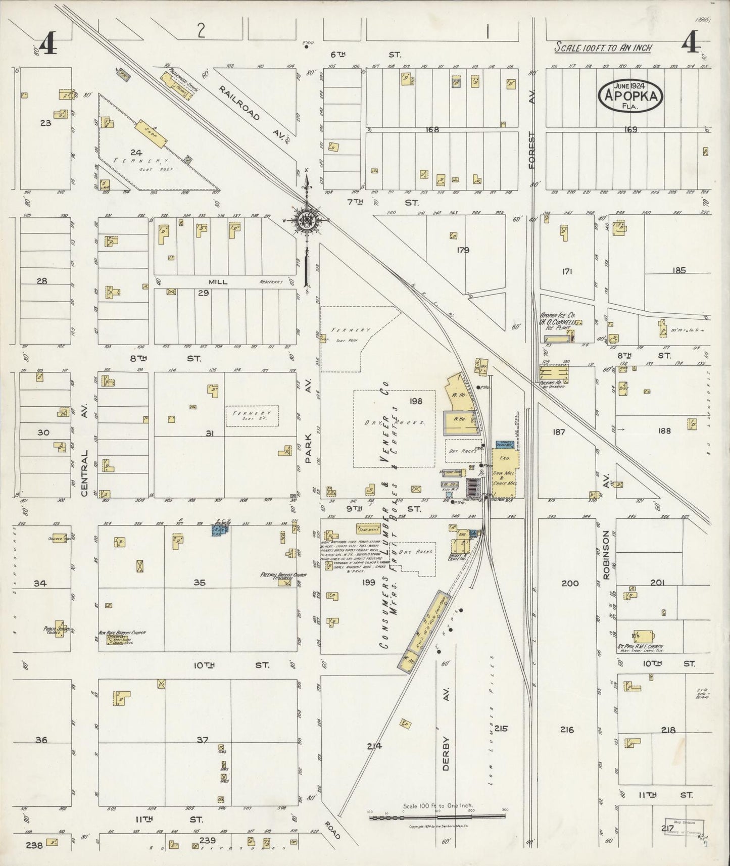 Sanborn Fire Insurance Map from Apopka, Orange County, Florida (1924), Sheet #0004 - Historic Sanborn Fire Insurance Map Print, vintage old map wall art, antique decor, genealogy gift, Florida Florida map