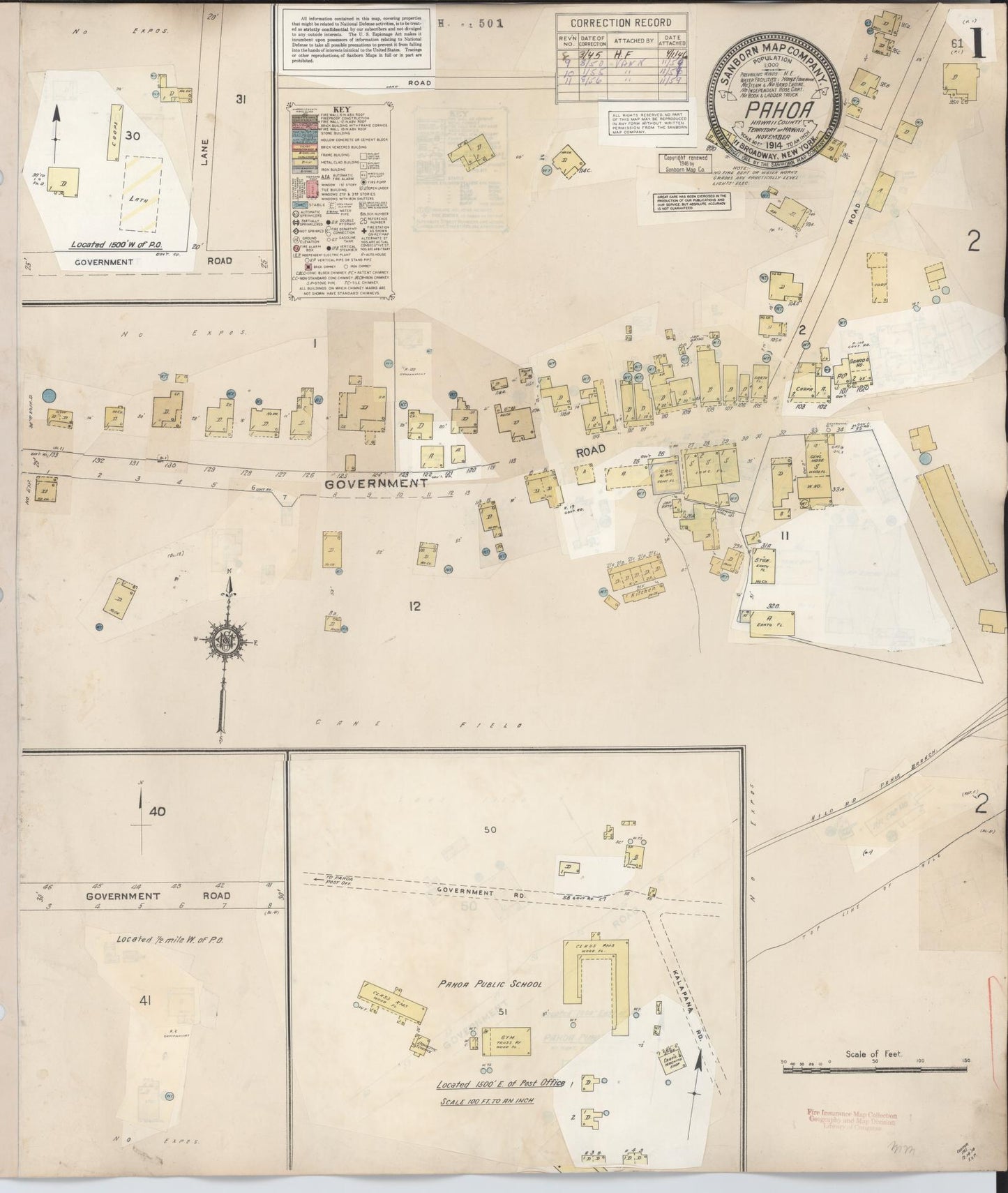 Sanborn Fire Insurance Map from Pahoa, Hawaii County, Hawaii (1956), Sheet #0001 - Historic Sanborn Fire Insurance Map Print, vintage old map wall art, antique decor, genealogy gift, Pahoa Hawaii map