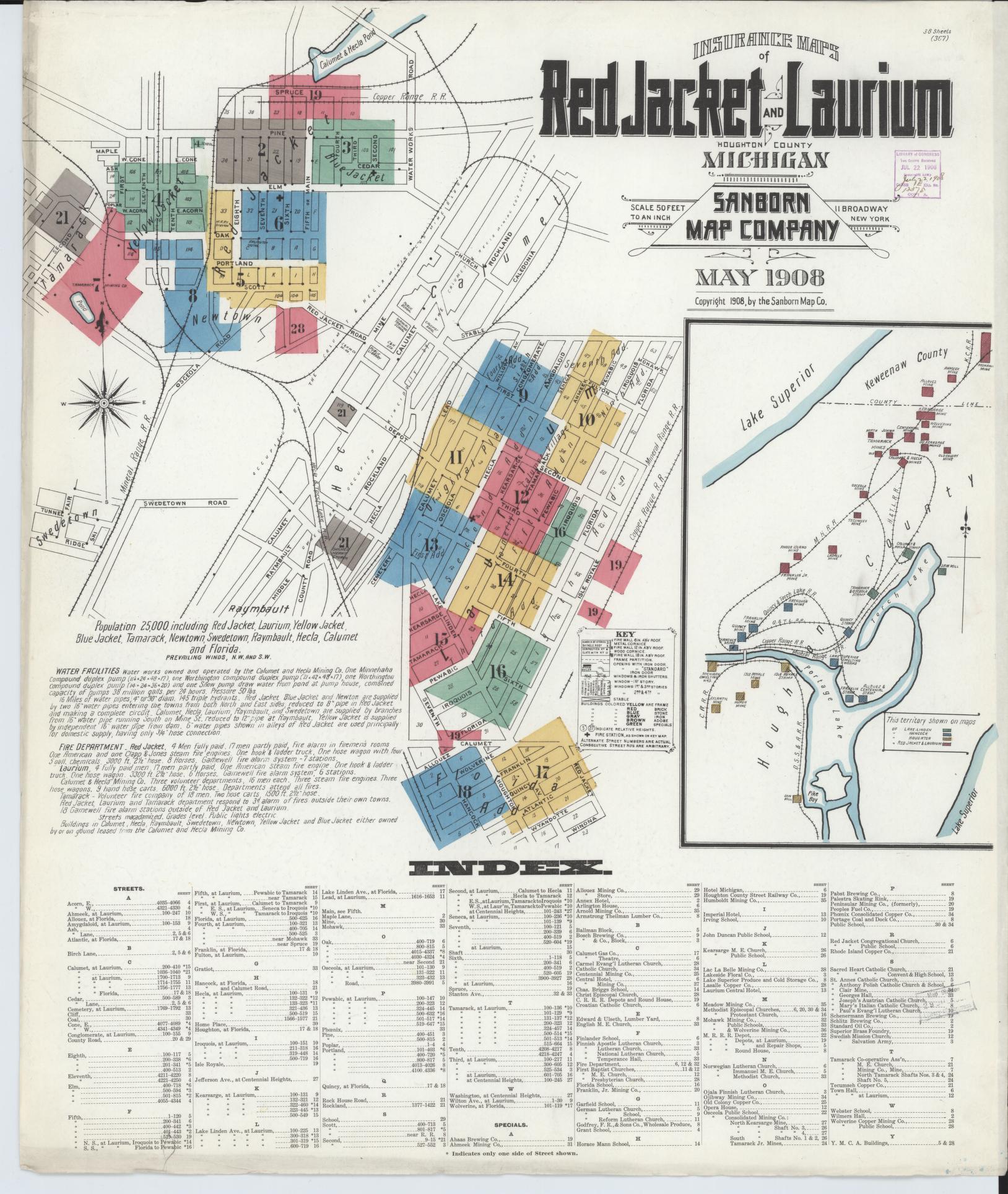 Sanborn Fire Insurance Map from Red Jacket, Houghton County, Michigan (1908), Sheet #0001 - Complete Map Set gallery image, historic Sanborn map, vintage wall art, Michigan Michigan