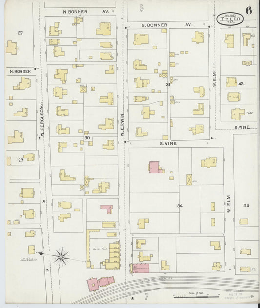 Sanborn Fire Insurance Map from Tyler, Smith County, Texas (1893), Sheet #0006 - Historic Sanborn Fire Insurance Map Print, vintage old map wall art, antique decor, genealogy gift, Texas Texas map