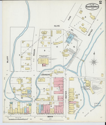 Sanborn Fire Insurance Map from Black River Falls, Jackson County, Wisconsin (1892), Sheet #0002 - Historic Sanborn Fire Insurance Map Print, vintage old map wall art, antique decor, genealogy gift, Wisconsin Wisconsin map