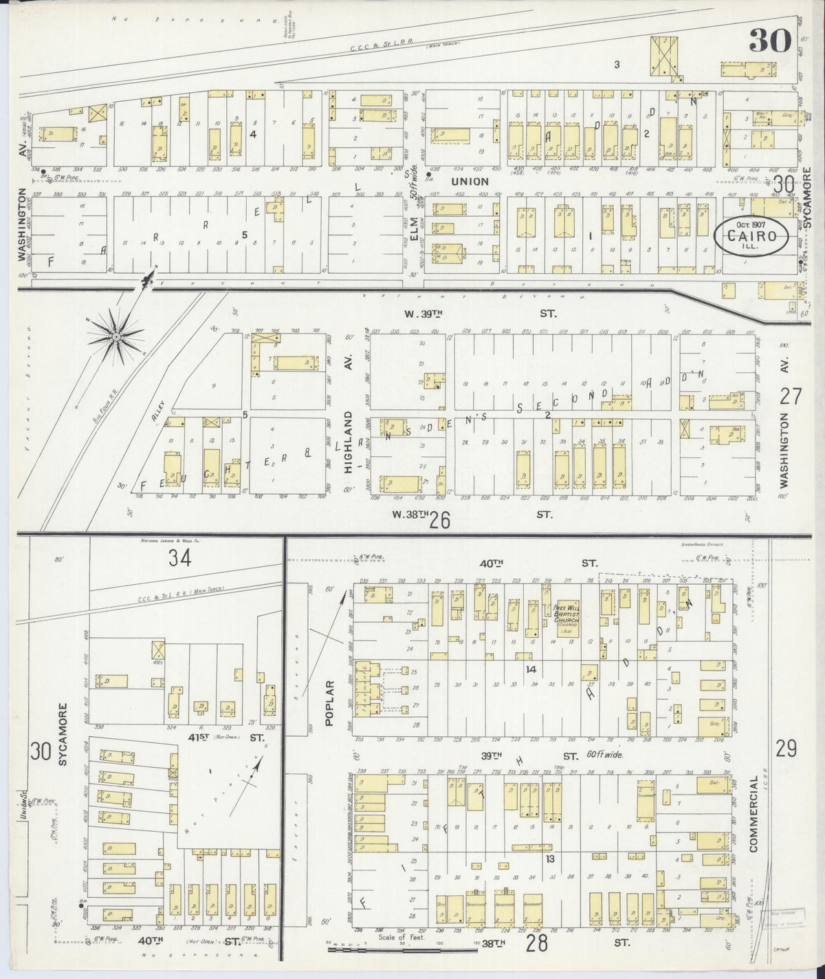 Sanborn Fire Insurance Map from Cairo, Alexander County, Illinois (1907), Sheet #0030 - Historic Sanborn Fire Insurance Map Print, vintage old map wall art, antique decor, genealogy gift, Illinois Illinois map