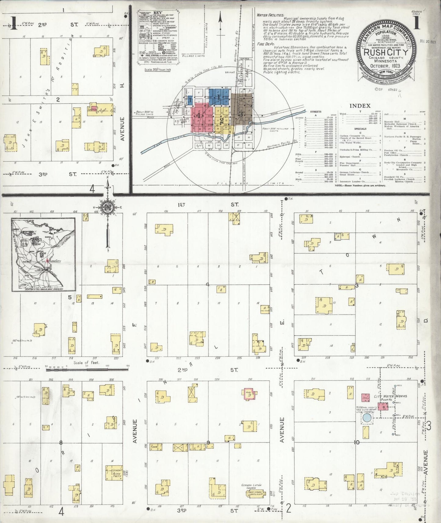 Sanborn Fire Insurance Map from Rush City, Chisago County, Minnesota (1923), Sheet #0001 - Complete Map Set gallery image, historic Sanborn map, vintage wall art, Minnesota Minnesota