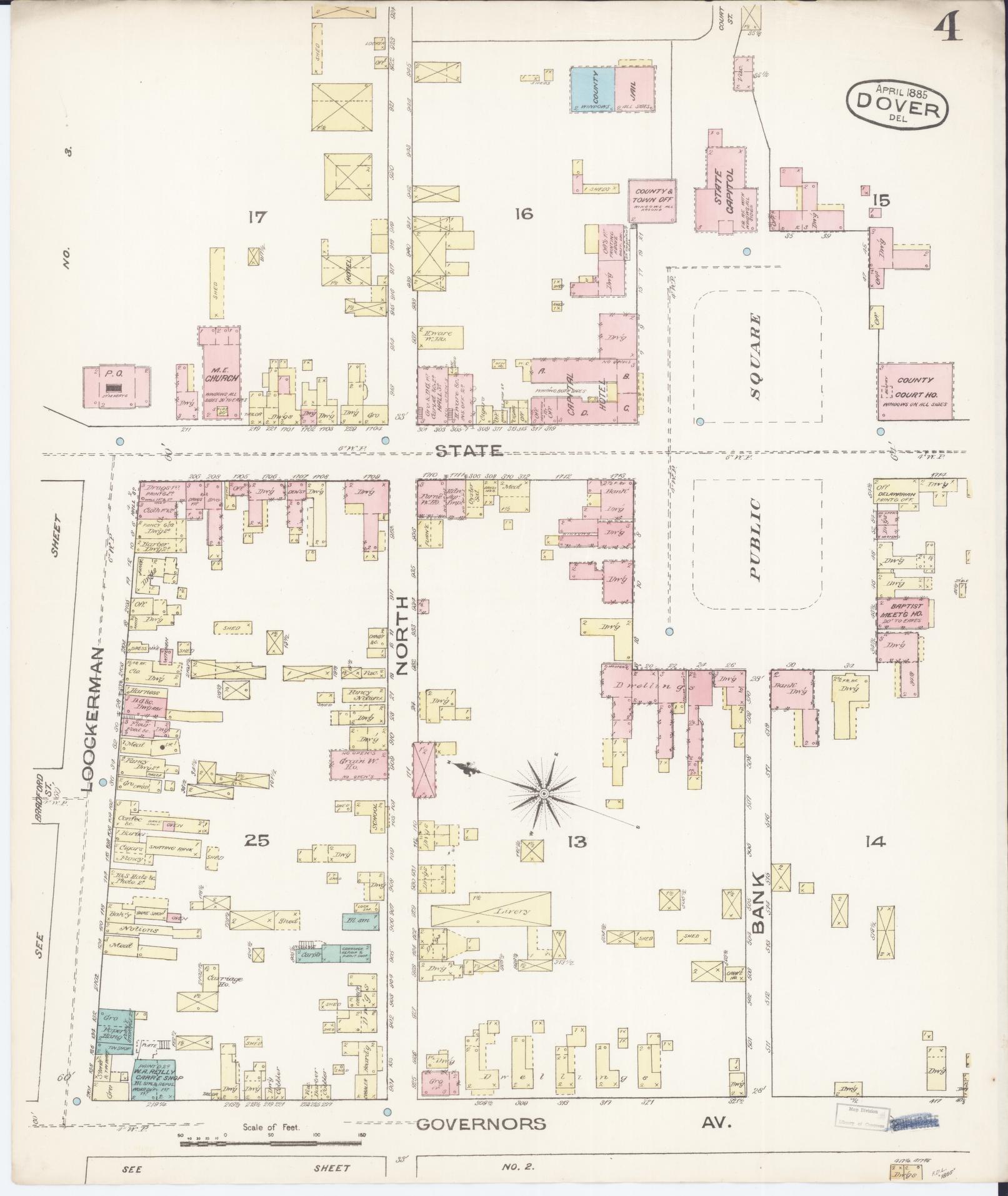 Sanborn Fire Insurance Map from Dover, Kent County, Delaware (1885), Sheet #0004 - Complete Map Set gallery image, historic Sanborn map, vintage wall art, Delaware Delaware