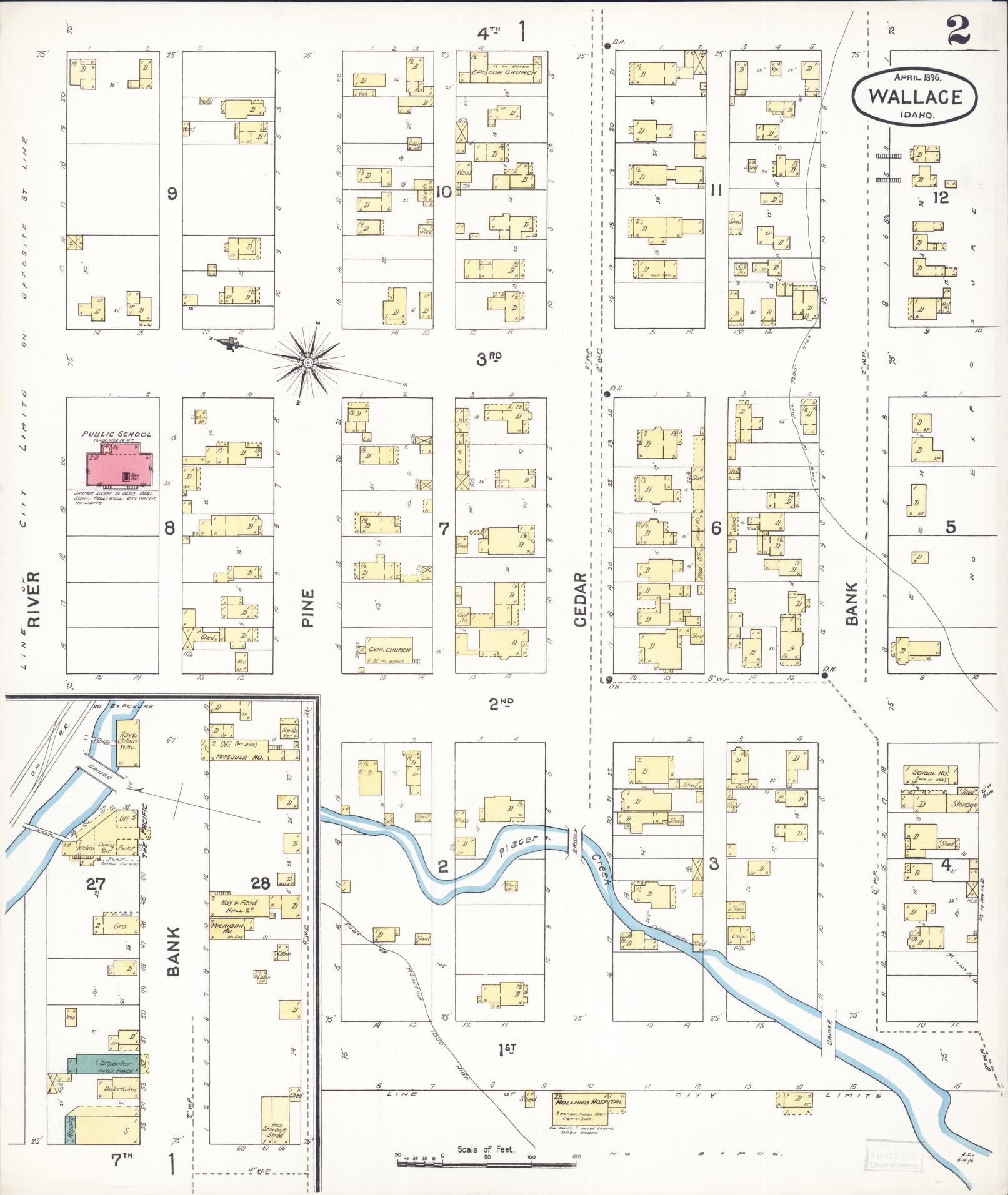 Sanborn Fire Insurance Map from Wallace, Shoshone County, Idaho (1896), Sheet #0002 - Historic Sanborn Fire Insurance Map Print, vintage old map wall art, antique decor, genealogy gift, Idaho Idaho map