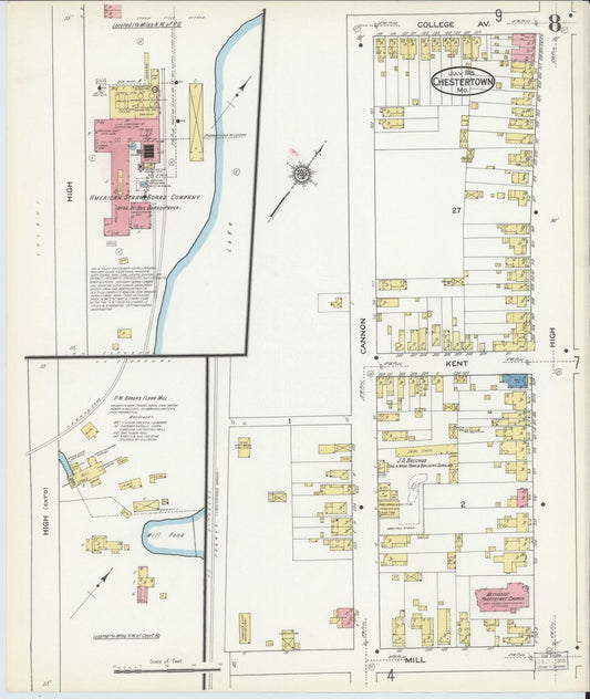 Sanborn Fire Insurance Map from Chestertown, Kent County, Maryland (1915), Sheet #0008 - Historic Sanborn Fire Insurance Map Print, vintage old map wall art, antique decor, genealogy gift, Maryland Maryland map