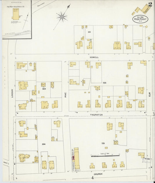 Sanborn Fire Insurance Map from High Point, Guilford County, North Carolina (1906), Sheet #0002 - Historic Sanborn Fire Insurance Map Print, vintage old map wall art, antique decor, genealogy gift, North Carolina North Carolina map