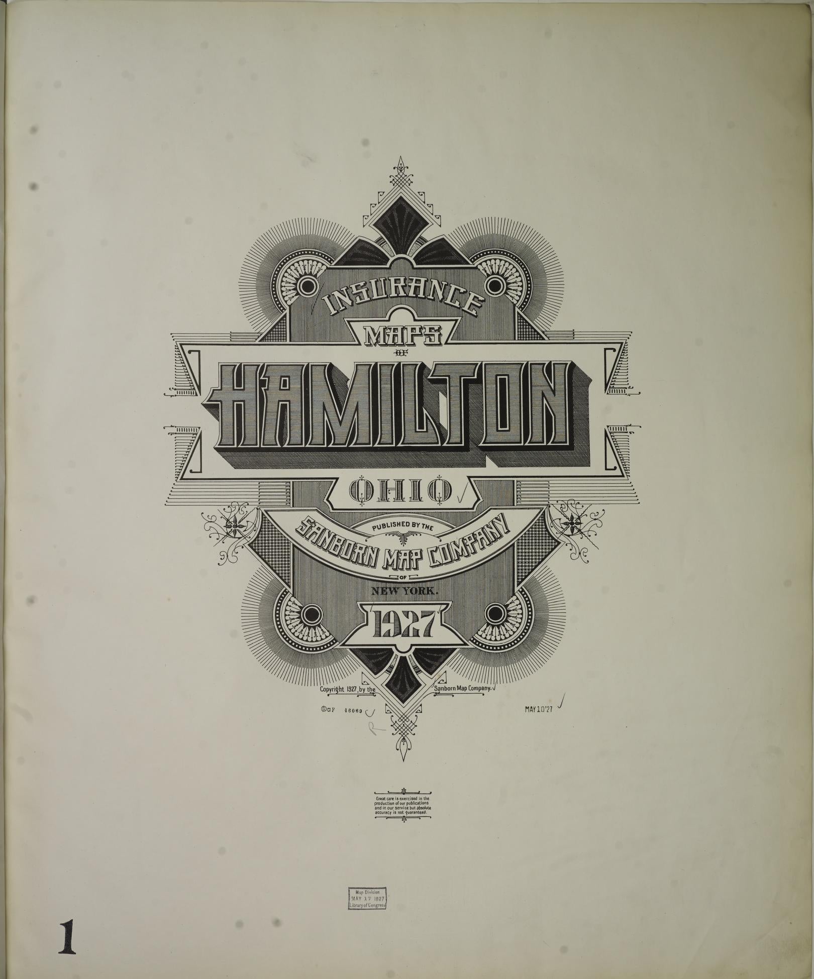 Sanborn Fire Insurance Map from Hamilton, Butler County, Ohio (1927), Sheet #0001 - Historic Sanborn Fire Insurance Map Print, vintage old map wall art, antique decor, genealogy gift, Ohio Ohio map
