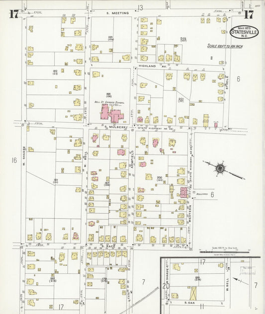 Sanborn Fire Insurance Map from Statesville, Iredell County, North Carolina (1925), Sheet #0017 - Historic Sanborn Fire Insurance Map Print, vintage old map wall art, antique decor, genealogy gift, North Carolina North Carolina map