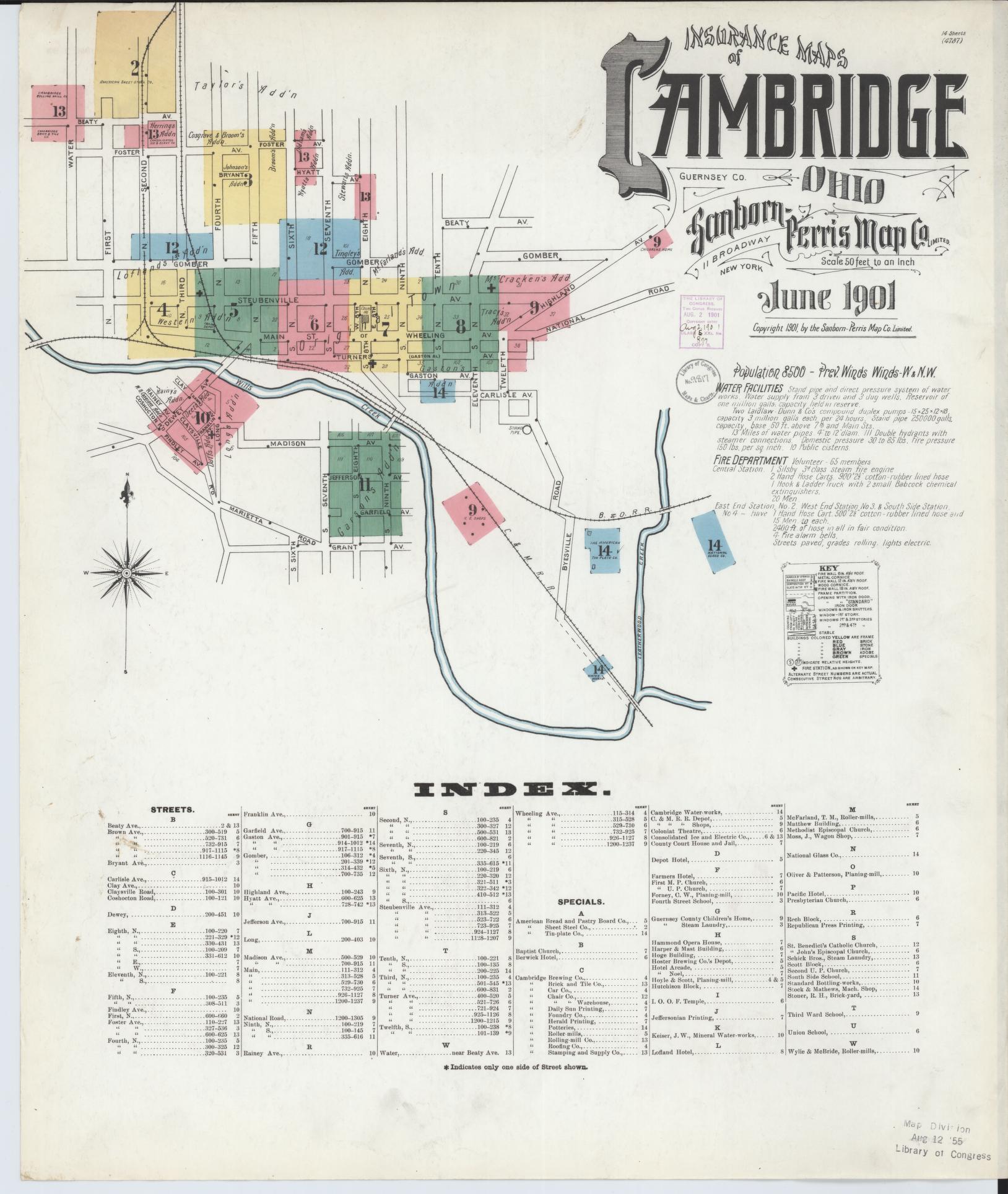 Sanborn Fire Insurance Map from Cambridge, Guernsey County, Ohio (1901), Sheet #0001 - Historic Sanborn Fire Insurance Map Print, vintage old map wall art, antique decor, genealogy gift, Ohio Ohio map