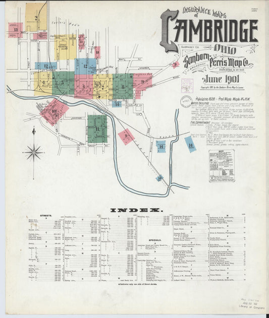 Sanborn Fire Insurance Map from Cambridge, Guernsey County, Ohio (1901), Sheet #0001 - Historic Sanborn Fire Insurance Map Print, vintage old map wall art, antique decor, genealogy gift, Ohio Ohio map