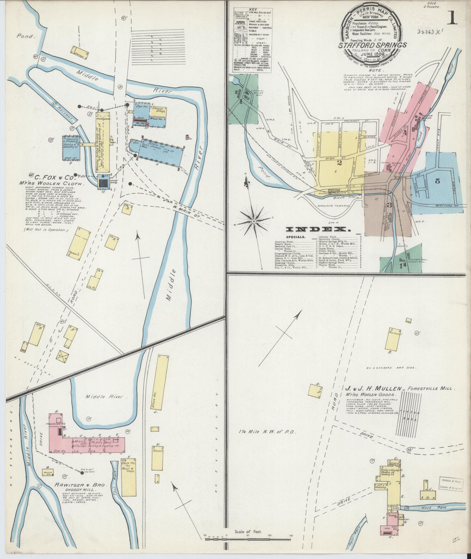 Sanborn Fire Insurance Map from Stafford Springs, Tolland County, Connecticut (1892), Sheet #0001 - Complete Map Set gallery image, historic Sanborn map, vintage wall art, Connecticut Connecticut