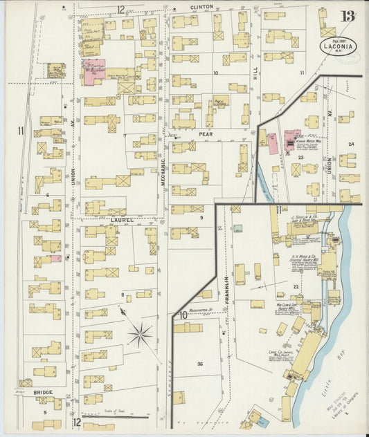 Sanborn Fire Insurance Map from Laconia, Belknap County, New Hampshire (1897), Sheet #0013 - Historic Sanborn Fire Insurance Map Print, vintage old map wall art, antique decor, genealogy gift, New Hampshire New Hampshire map