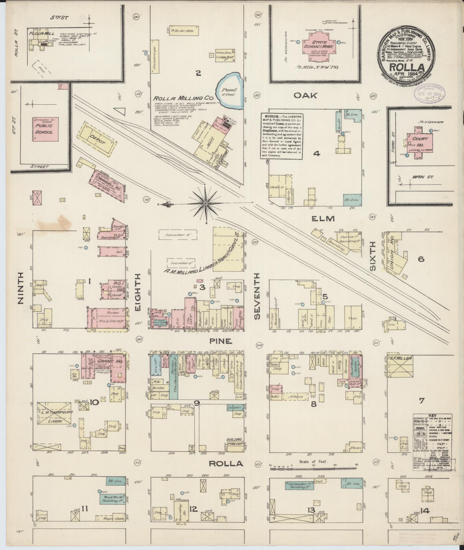Sanborn Fire Insurance Map from Rolla, Phelps County, Missouri (1884), Sheet #0001 - Historic Sanborn Fire Insurance Map Print, vintage old map wall art, antique decor, genealogy gift, Missouri Missouri map