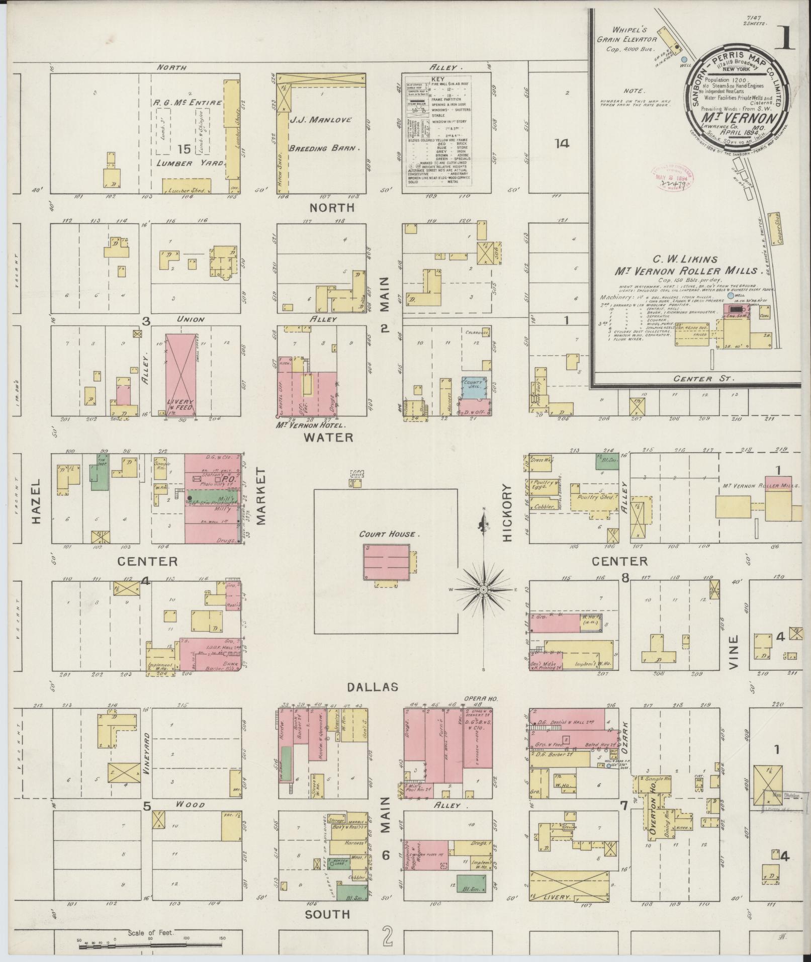 Sanborn Fire Insurance Map from Mount Vernon, Lawrence County, Missouri (1894), Sheet #0001 - Complete Map Set gallery image, historic Sanborn map, vintage wall art, Missouri Missouri