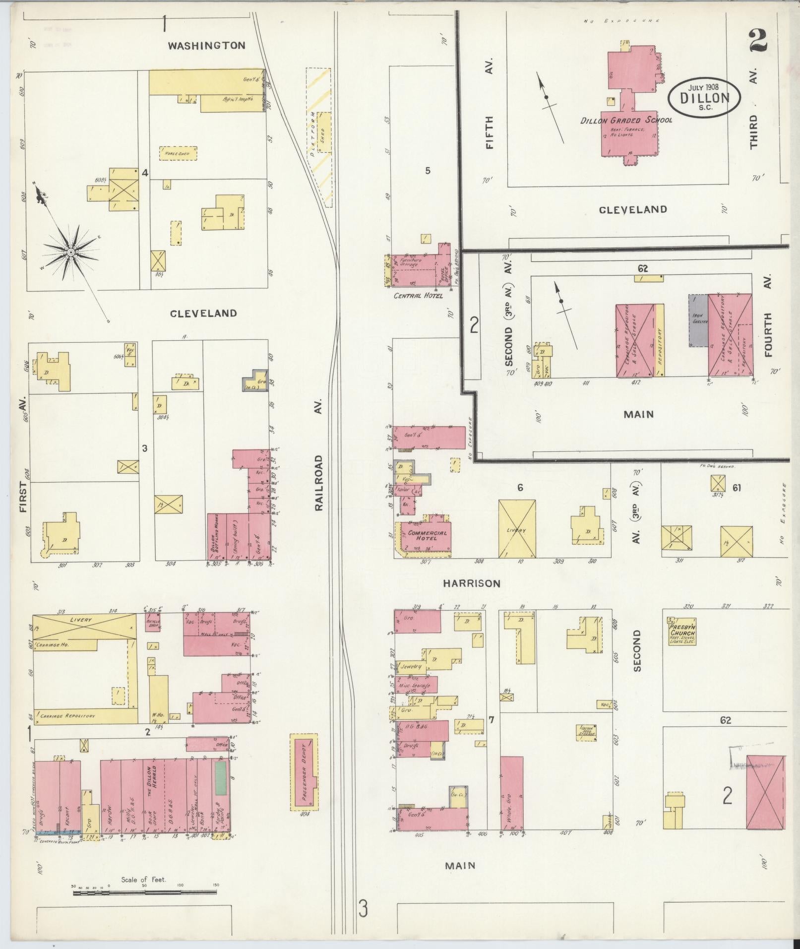 Sanborn Fire Insurance Map from Dillon, Dillon County, South Carolina (1908), Sheet #0002 - Complete Map Set gallery image, historic Sanborn map, vintage wall art, South Carolina South Carolina