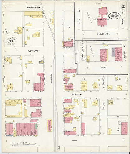 Sanborn Fire Insurance Map from Dillon, Dillon County, South Carolina (1908), Sheet #0002 - Complete Map Set gallery image, historic Sanborn map, vintage wall art, South Carolina South Carolina