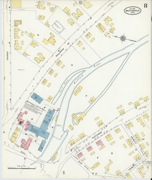 Sanborn Fire Insurance Map from Whitinsville, Worcester County, Massachusetts (1910), Sheet #0008 - Historic Sanborn Fire Insurance Map Print, vintage old map wall art, antique decor, genealogy gift, Massachusetts Massachusetts map