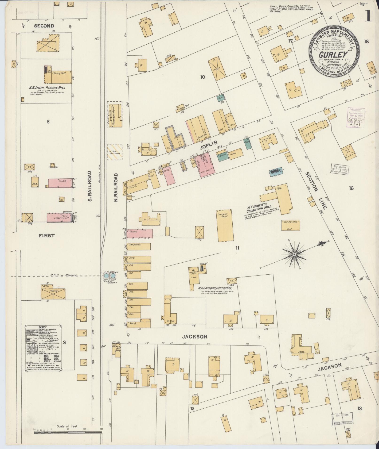 Sanborn Fire Insurance Map from Gurley, Madison County, Alabama (1903), Sheet #0001 - Complete Map Set gallery image, historic Sanborn map, vintage wall art, Alabama Alabama