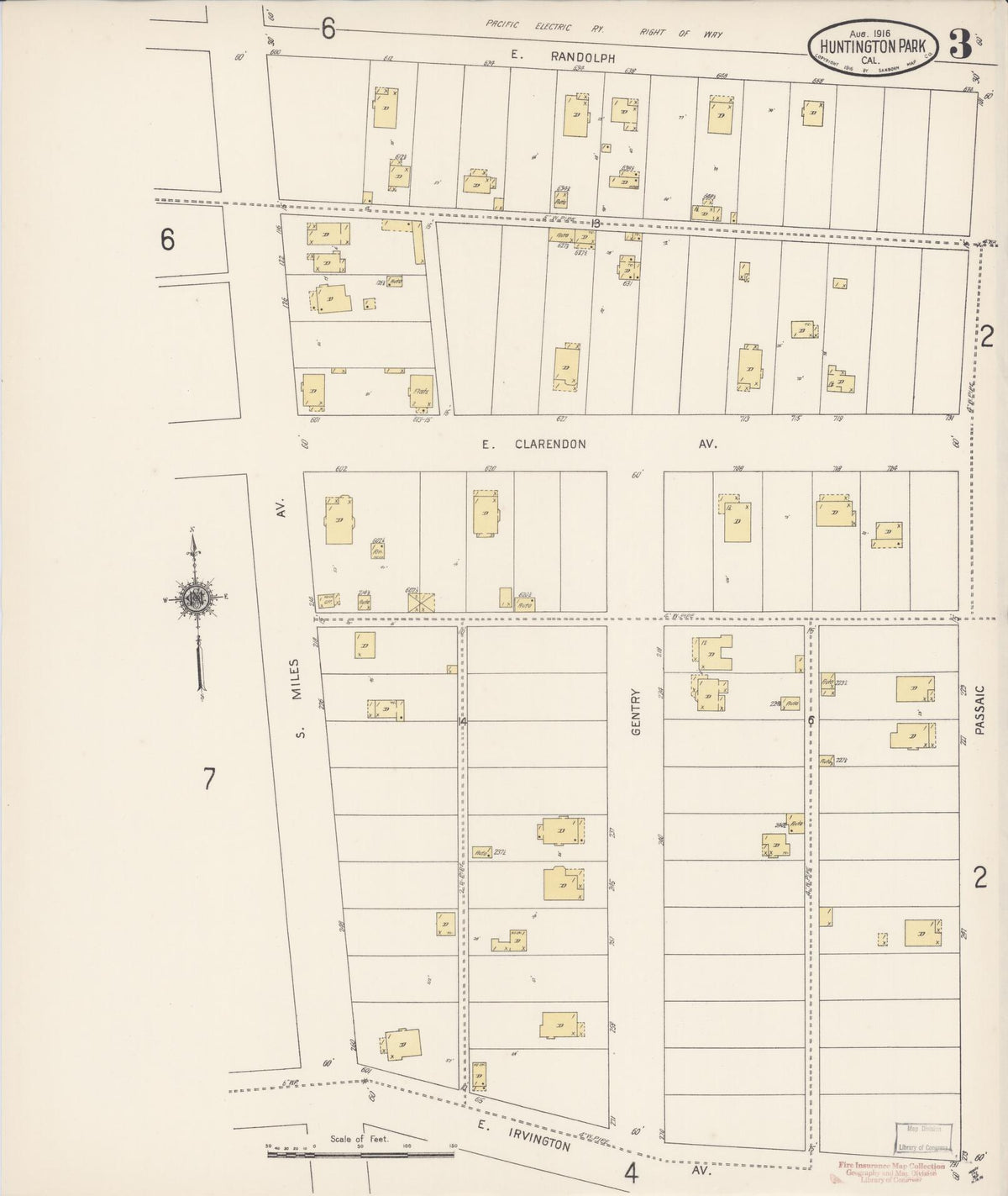 Sanborn Fire Insurance Map from Huntington Park, Los Angeles County, California (1916), Sheet #0003 - Complete Map Set gallery image, historic Sanborn map, vintage wall art, California California