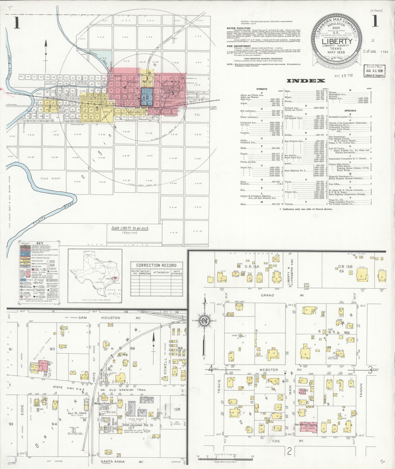 Sanborn Fire Insurance Map from Liberty, Liberty County, Texas (1938), Sheet #0001 - Historic Sanborn Fire Insurance Map Print, vintage old map wall art, antique decor, genealogy gift, Texas Texas map