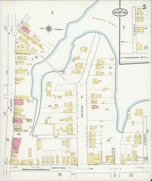 Sanborn Fire Insurance Map from Hampton, Independent Cities, Virginia (1916), Sheet #0005 - Historic Sanborn Fire Insurance Map Print, vintage old map wall art, antique decor, genealogy gift, Virginia Virginia map