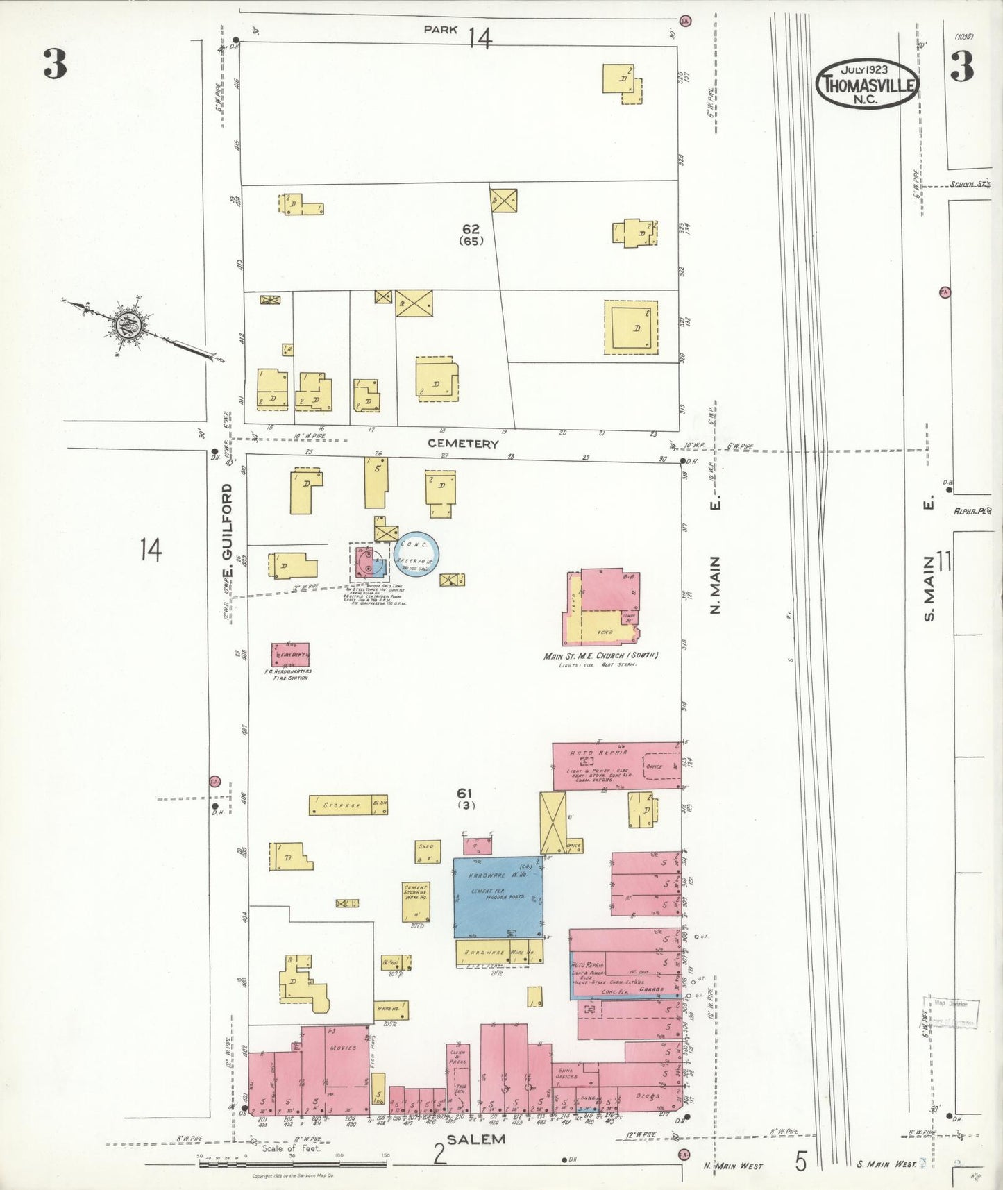 Sanborn Fire Insurance Map from Thomasville, Davidson County, North Carolina (1923), Sheet #0003 - Historic Sanborn Fire Insurance Map Print, vintage old map wall art, antique decor, genealogy gift, North Carolina North Carolina map