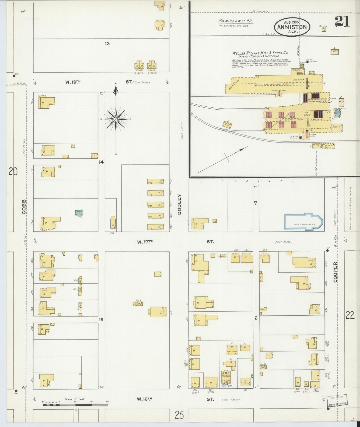 Sanborn Fire Insurance Map from Anniston, Calhoun County, Alabama (1905), Sheet #0021 - Complete Map Set gallery image, historic Sanborn map, vintage wall art, Alabama Alabama