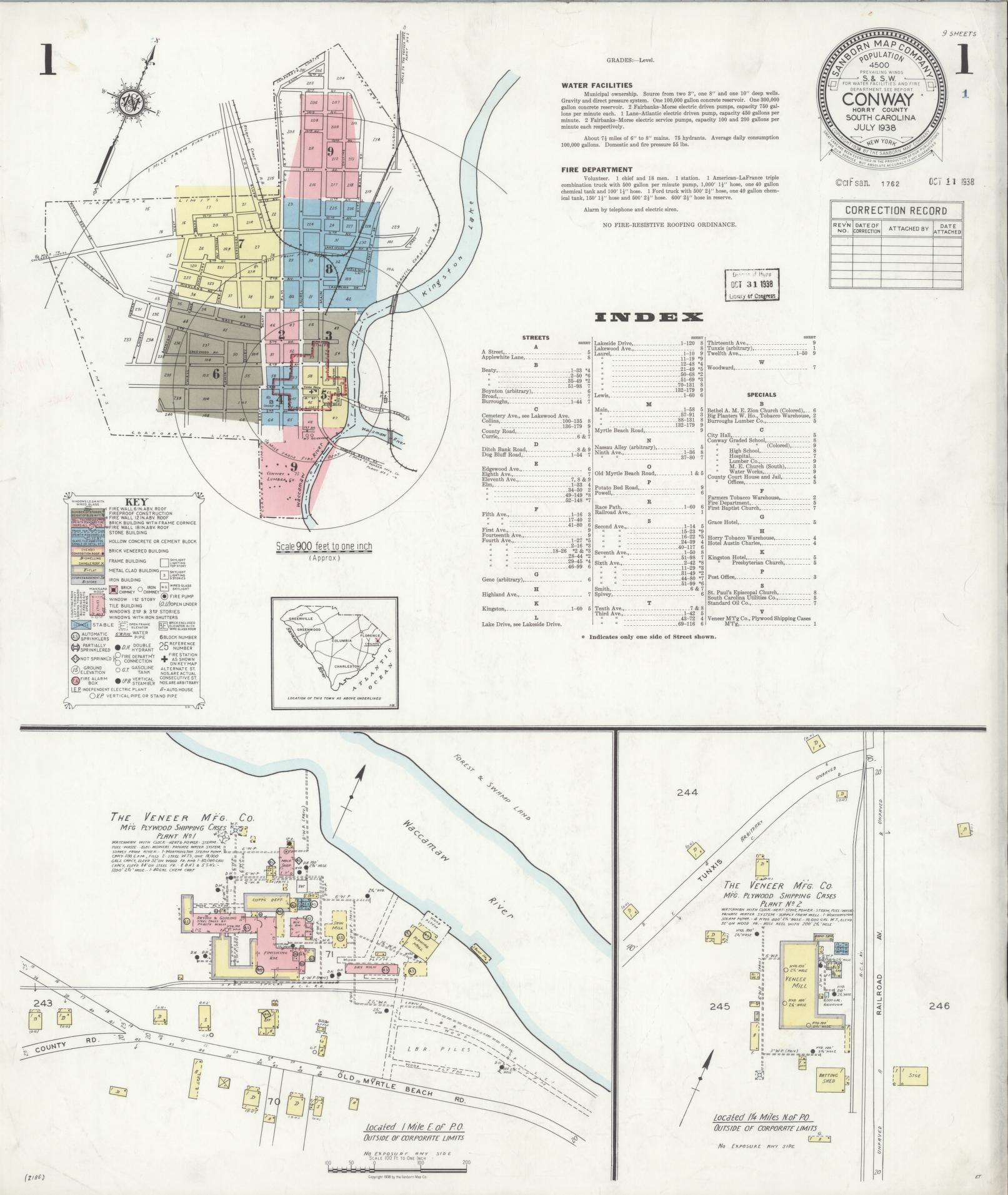 Sanborn Fire Insurance Map from Conway, Horry County, South Carolina (1938), Sheet #0001 - Historic Sanborn Fire Insurance Map Print, vintage old map wall art, antique decor, genealogy gift, South Carolina South Carolina map