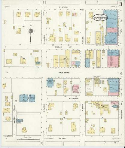 Sanborn Fire Insurance Map from Weatherford, Parker County, Texas (1910), Sheet #0003 - Historic Sanborn Fire Insurance Map Print, vintage old map wall art, antique decor, genealogy gift, Texas Texas map