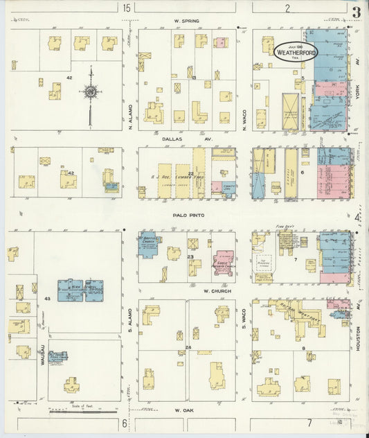 Sanborn Fire Insurance Map from Weatherford, Parker County, Texas (1910), Sheet #0003 - Historic Sanborn Fire Insurance Map Print, vintage old map wall art, antique decor, genealogy gift, Texas Texas map